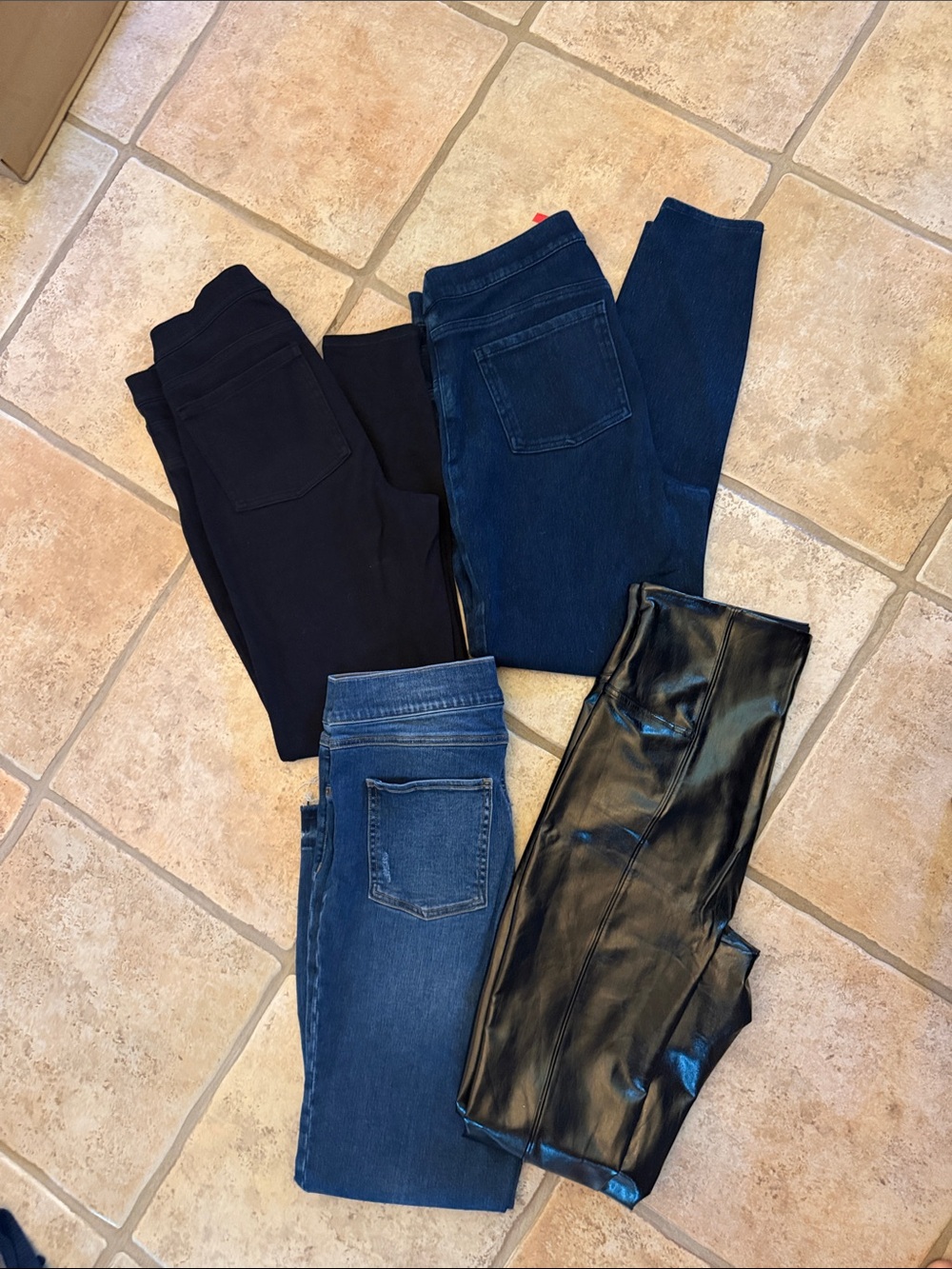 Spanx Large Pants 👖 4 pair! Black Faux Leather, 2 Blue Denim, 1 Black Denim Jean